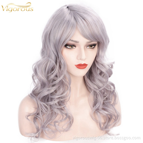 Vigorous No Lace Front  Natural Cosplay Heat Resistant Synthetic 24 Inch Long Wavy Grey Wig For Women Side Part Wig Cosplay Use
